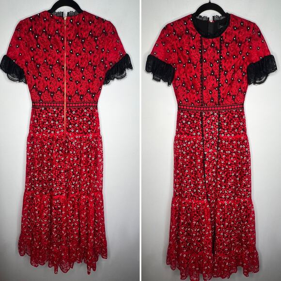 SALONI Red Embroidered Lace Andie Midi Dress Size 2 - Picture 3 of 13